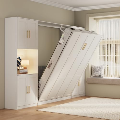 Bobve Farmhouse Murphy Bed Queen, 85" Wall Bed Folds to Save Space, Concealed Bed Frame with 2 Storage Cabinets and Wall Mounted Features for Apartment/Office/Guest Room Bobve