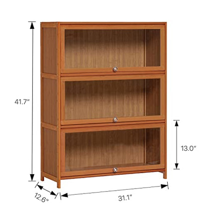 MoNiBloom 3-Tier Bamboo Bookshelf with Acrylic Doors - Freestanding Storage Unit for Living Room, Office, and Bedroom, Brown - WoodArtSupply