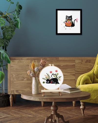 TINDTOP 2 Pack Embroidery Kit for Adult Beginners, Embroidery DIY Starter Kit, with Black Cat and Flowers Stamped Patterns, Hoop, Tools, Colorful Threads with Needles, Instructions TINDTOP