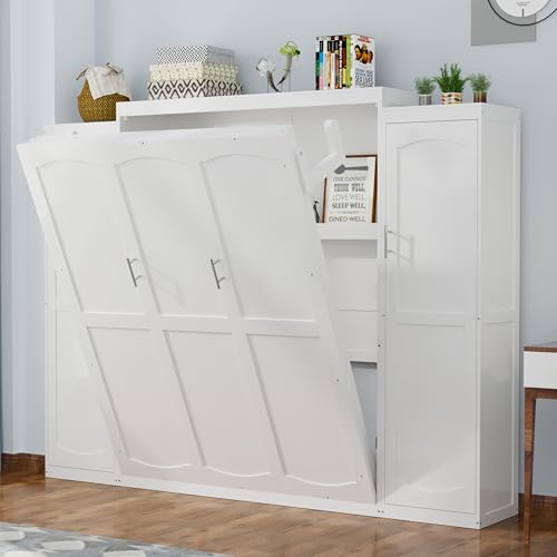 Ball & Cast Queen Size Murphy Bed W/ 2 Wardrobe & Storage Shelf,Horizontal Wall Bed W/Top Display Shelf,Space-Saving Murphy Bed Cabinet for Home Office,Apartment,Guest Room,White Ball & Cast