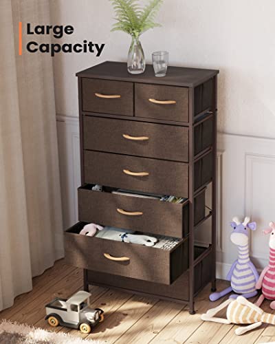 Pellebant Dresser for Bedroom with 7 Drawers, Tall Dresser Vertical Storage Tower, Sturdy Metal Frame, Fabric Storage Bins with Wooden Handle and Wooden Top, Organizer Unit for Closet/Hallway, Brown Pellebant