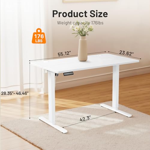 DUMOS Height Adjustable Electric Standing Desk, 47.2 x 23.6 Sit Stand Workstation with Memory Presets, Hooks & Cable Management, Ergonomic Computer Table for Home Office, White DUMOS