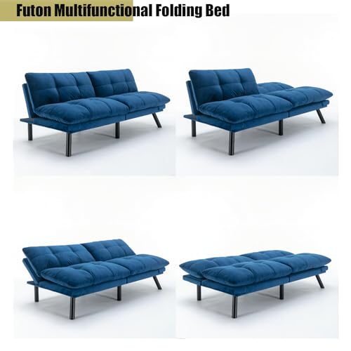 Modern Velvet Convertible Folding Futon Couch Sofa Bed Adjustable Pillow Top Arm Memory Foam Couch Double Loveseat Sofa for Compact Living Space,Dorm,Game Studio,Apartment,Bedroom (Navy Blue) Klwenas Maec