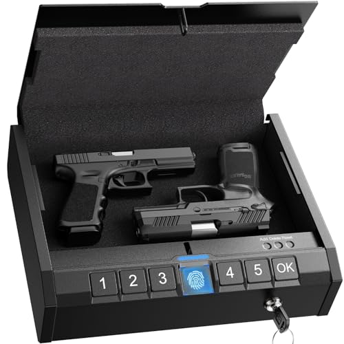 AINIRO Gun Safe for Pistols - Biometric Gun Safe for Handgun, Quick-Access Gun Lock with Fingerprint Identification or Key Pad, Firearm Storage Home Bedside Nightstand Car - WoodArtSupply