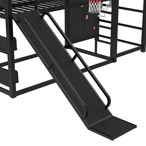 SOFTSEA Twin Size Gaming Loft Bed with Slide, Heavy Duty Metal Loft Bed with Basketball Hoop, Climbing Wall & Pull Up Rings for Kids Teens Adults, No Noise, Black SOFTSEA