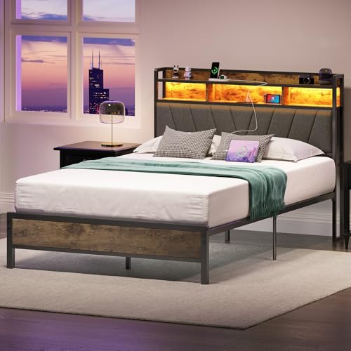 Welzona Full Size Bed Frame with Headboard, LED Lights Full Bed Frames with Charging Station, 2-Tier Storage Shelves, Heavy Duty Metal Slats, Noise-Free, No Box Spring Needed, Easy Assembly, Brown Welzona