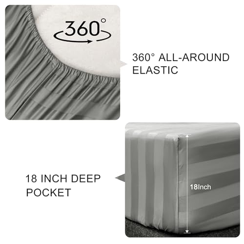 NookZuzu 3 Piece Cotton Stripe Fitted Sheet and Pillowcase Set,Including 1 Full Gray Fitted Sheet & 2 Pillowcase Set,Organic Cotton Deep Pocket Fitted Sheet，NO Flat Sheet Included,Soft and Cooling NookZuzu