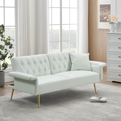 Ball & Cast 61.4"/67.71" Faux Leather Upholstered Sleeper Sofa Bed,Convertible Loveseat Couch w/Pillow&Adjustable Arm&Back,Button Tufted Modern Futon Daybed for Apartment Office,White Ball & Cast