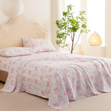 Jolusere Bow Sheet Set Full for Girls Kids Pink Floral Fitted Sheet Set Soft Microfiber Fitted Flat Sheets & Pillowcases - Princess Style Bowknot Bedding Sets Toddlers 4 Pieces Cute Sweet Bed Set Jolusere