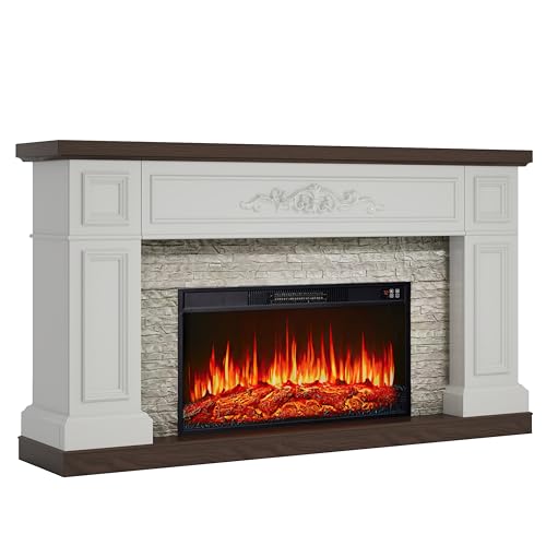 60" Fireplace with Mantel, Solid Wood White TV Stand with Fireplace for, Modern Entertainment Center TV Stand, Replaceable 30" Fireplace Insert Heater, for Living Room, Bedroom BOSHIRO