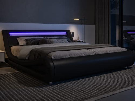 Allewie Queen Size LED Platform Bed Frame with Adjustable Headboard/No Box Spring Need/Easy Assembly/Faux Leather in Black Allewie