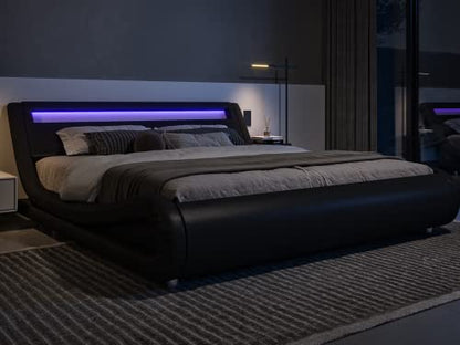 Allewie King Size LED Faux Leather Platform Bed Frame with Adjustable Headboard - No Box Spring Required - WoodArtSupply