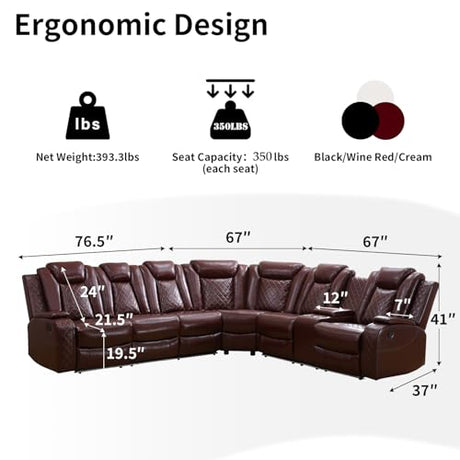 Caberryne Power Recliner Sofa Sectional Couch with LED Light for Living Room,Leather Reclining Corner Sectional Sofa with 2 Recliner Seats,Cup Holder,Storage Console for House/Home Theater, Wine Caberryne