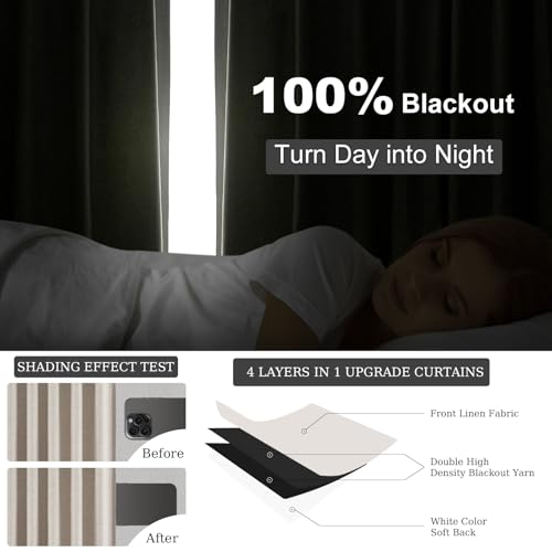 Topfinel Boho Farmhouse Black Out Linen Curtains 84 Inch Length 2 Panels Set for Bedroom Living Room, Greige Insulating Winter Room Divider Curtains Neutral Burlap Drapes 7FT Long Pleated Back Tab Topfinel