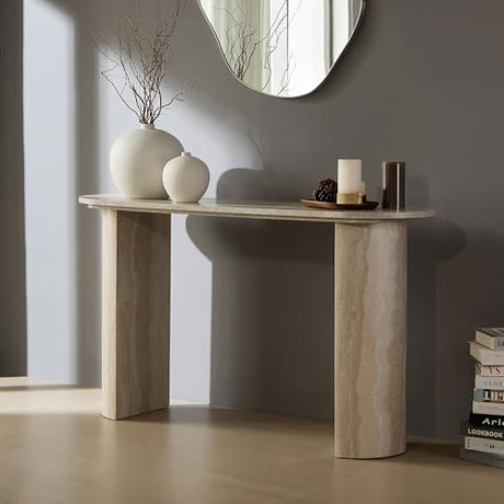 55.12" Marble Console Table Curved Narrow Entryway Table for Living Room Industrial Hallway, Entrance, Office, Corridor, Long Foyer, Corridor, Modern Faulx Marble Travertine Pattern Sofa Couch Table SCANORDIC