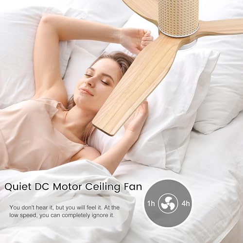 LEDLUX 52" Ceiling Fan with Light and Remote, Low Profile Flush Mount Fan, Solid Wood Blades, Rattan Retro Style, Noiseless Reversible DC Motor, for Bedroom/Living Room/Porch (White/Wood Color) LEDLUX