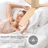 LEDLUX 52" Ceiling Fan with Light and Remote, Low Profile Flush Mount Fan, Solid Wood Blades, Rattan Retro Style, Noiseless Reversible DC Motor, for Bedroom/Living Room/Porch (White/Wood Color) LEDLUX