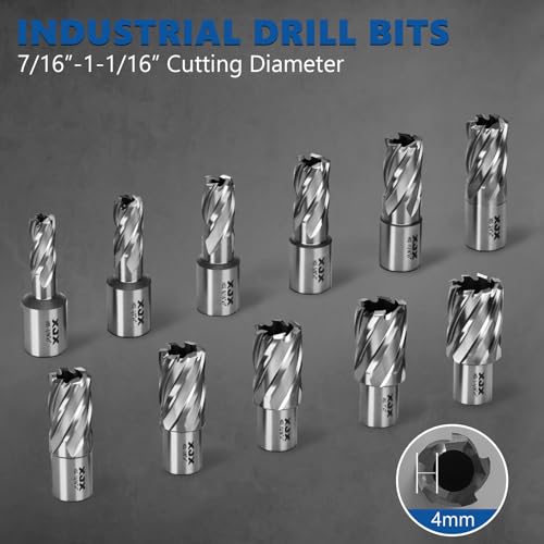 XJX 14 Pcs Annular Cutter Set, 3/4 Inch Weldon Shank 1” Cutting Depth 7/16 to 1-1/16 Inch Cutting Diameter Magnetic Drill Press Bits with 2 Pilot Pin and Hex Wrench - WoodArtSupply