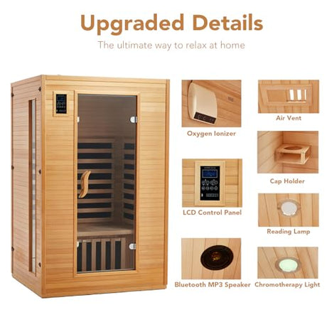 Garvee 2024 Upgrade 2 Person Sauna, 6 Heating Plate Infrared Physical Therapy Wooden Dry Steam Sauna, Low EMF, MP3 Auxiliary Connection, Dual Controls Inside and Outside Fits, Home Spa Day Use Garvee