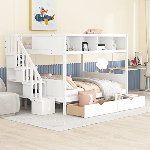 Harper & Bright Designs Twin Over Full Bunk Bed with Storage Shelves, Stairs, Solid Wood Staiway Bunk Bed Frame with 2 Drawers, for Kids Teens Adults (White) Harper & Bright Designs