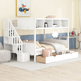 Harper & Bright Designs Twin Over Full Bunk Bed with Storage Shelves, Stairs, Solid Wood Staiway Bunk Bed Frame with 2 Drawers, for Kids Teens Adults (White) Harper & Bright Designs
