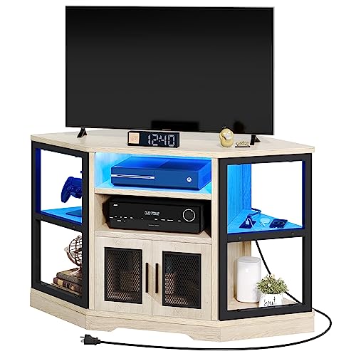 YITAHOME RGB LED Corner TV Stand for TVs up to 55/50 Inch with Power Outlet, Modern Farmhouse Entertainment Center, Wood TV Media Console with Storage Shelves for Living Room, White Oak - WoodArtSupply