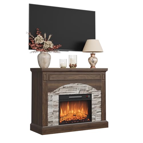 IDEALHOUSE Fireplace TV Stand for 65 Inch TVs, Farmhouse Tall Wood Entertainment Center with Electric Fireplace & Mantel, Adjustable 3D Flame, Remote Control, Walnut Finish for Living Room, Walnut IDEALHOUSE