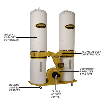 Powermatic TurboCone Dust Collector, 30-Micron Bag Filter, 3 HP, 1Ph 230V (Model PM1900TX-BK1) - WoodArtSupply