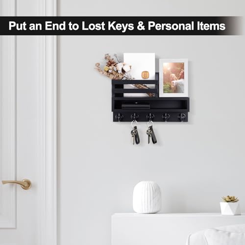 Lucundm Key and Mail Holder Wall Mount, Key Hanger with Long Storage Box and 5 Hooks for Coat, Dog Leash, Home Decor Rack, House Accessories, Entry Way Organizer 11.8”W x 7.8”H x 3.2”D