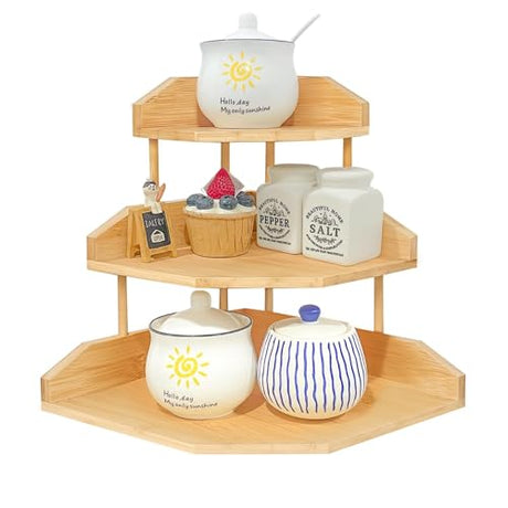 HYNAWIN Bamboo Corner Desk Organizer Shelf, 3-Tier Triangle Storage Rack for Office & Home, Space-Saving Desktop Shelf for Books, Stationery, Makeup, Small Items HYNAWIN