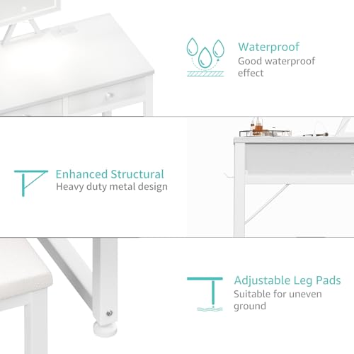 Lufeiya Small Makeup Vanity Desk with Fabric Drawers, 32 inch White Vanity Desks with Mirror and Light, Dressing Table and Chair Set with Power Outlet for Girls Bedroom, White Lufeiya