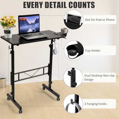 SIDUCAL Standing Desk Adjustable Height, Small Mobile Table with Wheels, Rolling Desk for Standing or Sitting, Portable Computer Desk for Walking Pad, Black SIDUCAL