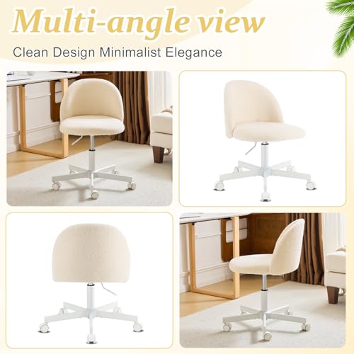 VINGLI Candy Chair Armless Cute Desk Chair,Comfy Small Office Chair with Wheels,Vanity Chair Lumbar Support,Teddy Adjustable Rolling Swivel Computer Task Chair for Home Office,Bedroom,Creamy Beige VINGLI