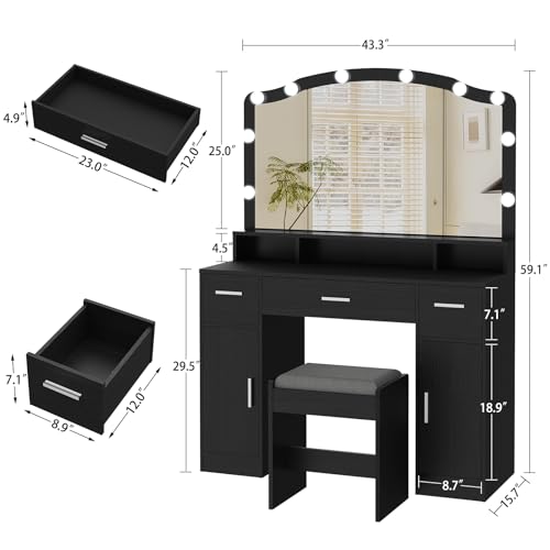 usikey Makeup Vanity with Lights, Vanity Desk, Makeup Vanity Table with 3 Drawers, 2 Cabinets & Long Storage Shelf, 10 Led Lights, Dressing Vanity Table with Stool, for Women, Girls, Bedroom, Black usikey