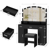 usikey Makeup Vanity with Lights, Vanity Desk, Makeup Vanity Table with 3 Drawers, 2 Cabinets & Long Storage Shelf, 10 Led Lights, Dressing Vanity Table with Stool, for Women, Girls, Bedroom, Black usikey
