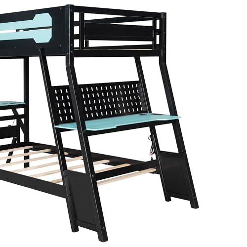 SOFTSEA Gaming Bunk Bed with Desk, Storage, Pegboard & Charging Station, Twin Over Twin Wood Bunk Bed with 2 Desks for Kids Teens & Adults, Space Saving, Black & Blue SOFTSEA