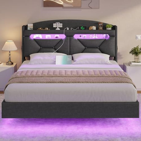 BTHFST Floating Bed Frame Full Size with Type-C Charging Station & Storage Headboard, RGB Floating Platform Bed, No Box Spring Needed, Wooden Slats Support, Dark Grey BTHFST