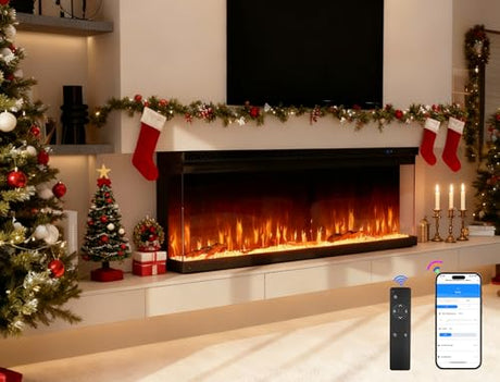 3 Sided Electric Fireplace, 50" Smart WiFi Fire Place Mount/Built-in, 12 Realistic Flame Colors, 5 Color Brightness, 1500W with Timer Remote Control, Log, Crystals JINJUNYE