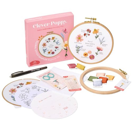 Clever Poppy Floral Stitch Sampler Beginner Embroidery Kit – Easy Embroidery Kit for Beginners with Hoop, Thread & Patterns – Hand Embroidery Kit for Adults and Teens – Complete Embroidery Starter Kit Clever Poppy