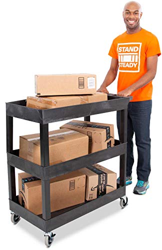 Stand Steady Tubstr 3 Shelf Utility Push Cart Supports Up to 300 lbs - Heavy-Duty Plastic Service Cart Great for Offices, Warehouse Storage, Garage Stand Steady