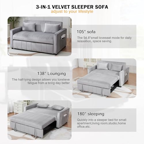 Hixkol 3 in 1 Convertible Sleeper Sofa Bed,55.51" Velvet Futon Sofa Bed, Pull Out Couch for Bedroom&Living Room, Loveseat Sofa Bed with Storage Pockets & 2 Toss Pillows,Adjustable Backrest(Grey) Hixkol