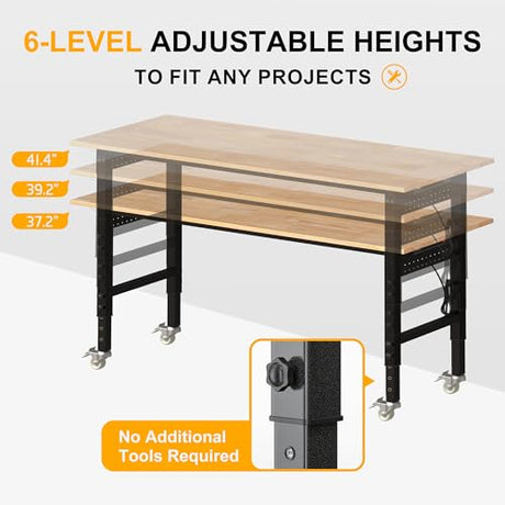 BETISEF 70’’ Work Bench Adjustable Workbench Heavy Duty Work Table with Power outlets, Pegboard, Wheels and Foot Pads, 2000 Lbs Capacity Hardwood Work Benches for Garage, Workshop, Office, Home BETISEF