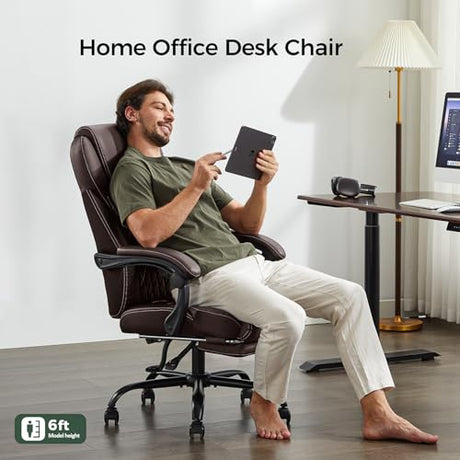 amseatec Office Chair, Big and Tall Office Chair with Foot Rest Ergonomic Desk Chairs Reclining High Back Leather Chairs with Lumbar Support(Brown) amseatec