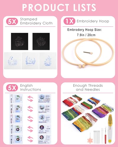 TINDTOP Embroidery Kit for Adult for Beginners, 5 Sets Mushroom Embroidery Kit for Beginners Include Embroidery Cloth Hoops Threads for Craft Lover Hand Stitch with Embroidery Skill Techniques TINDTOP