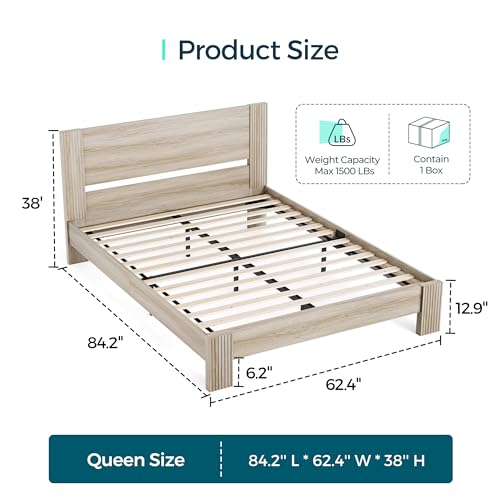 LINSY Queen Bed Frame Wood with Headboard, Farmhouse Bed Frame Queen Size, Wood Platform Bed Fast Assembly, Noise-Free, No Box Spring Needed - Beige - WoodArtSupply