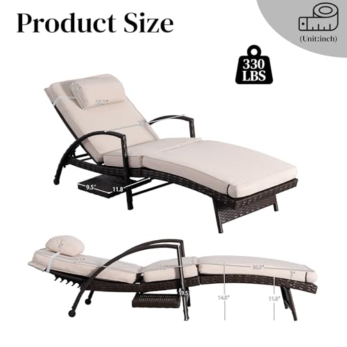 Chaise Lounge Chairs Set of 2, 6-Position Adjustable Outdoor Recliner with Side Table & Wheel,All-Weather PE Rattan Wicker Patio Lounge Chair With Removable Cushion for Poolside Backyard Beach (Beige)