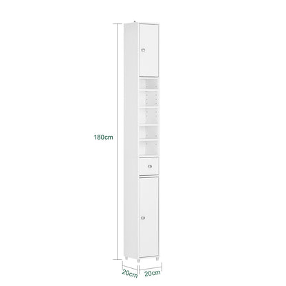 Haotian Bathroom Tall Cabinet with 1 Drawer, 2 Doors and Adjustable Shelves, Slender Extra Storage Cabinet, Anti-Tipping Floor Tall Cabinet Cupboard, White BZR34-W, 7.9"D x 7.9"W x 70.9"H - WoodArtSupply