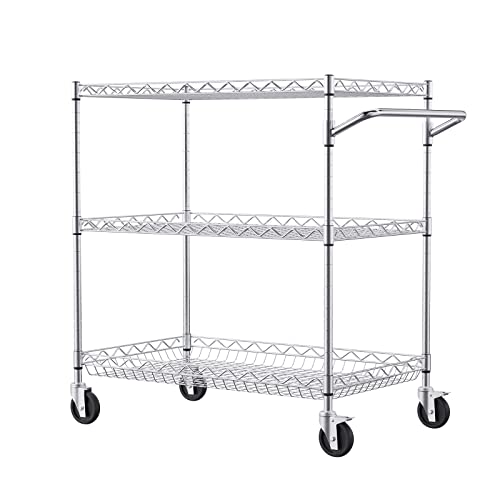 VEVOR Kitchen Utility Cart, 3 Tiers, Wire Rolling Cart with 661 LBS Capacity, Steel Service Cart on Wheels, Metal Storage Trolley with 80 mm Deep Basket Curved Handle 6 Hooks, NSF Listed VEVOR