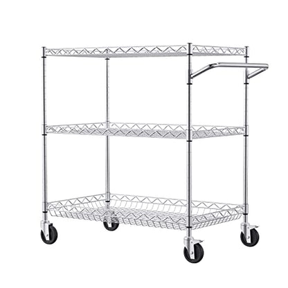 VEVOR Kitchen Utility Cart, 3 Tiers, Wire Rolling Cart with 661 LBS Capacity, Steel Service Cart on Wheels, Metal Storage Trolley with 80 mm Deep Basket Curved Handle 6 Hooks, NSF Listed