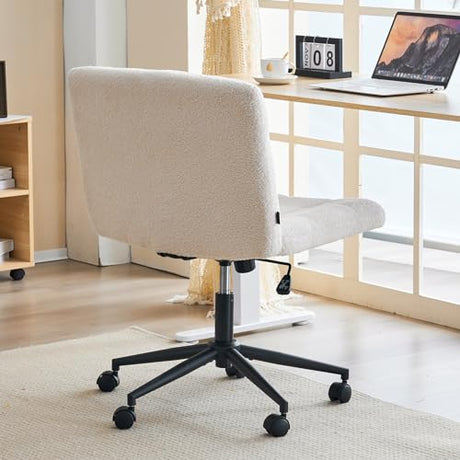 Furnimart Swivel Criss Cross Legged Chair with Wheels for Home Office, Wide Armless Desk Chair Height Adjustable Comfy Seat for Desk,Vanity, Bedroom, Faux Fur White Furnimart